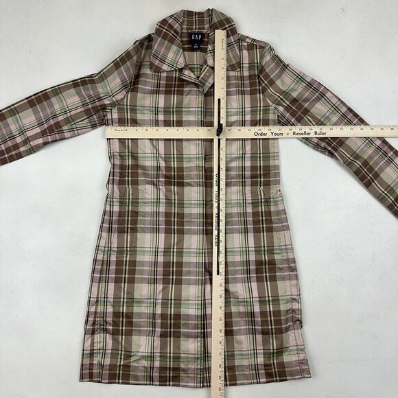 GAP Y2K Multicolor Plaid Lightweight Trench Coat Collared Buttons Size XS Poly - Picture 2 of 14